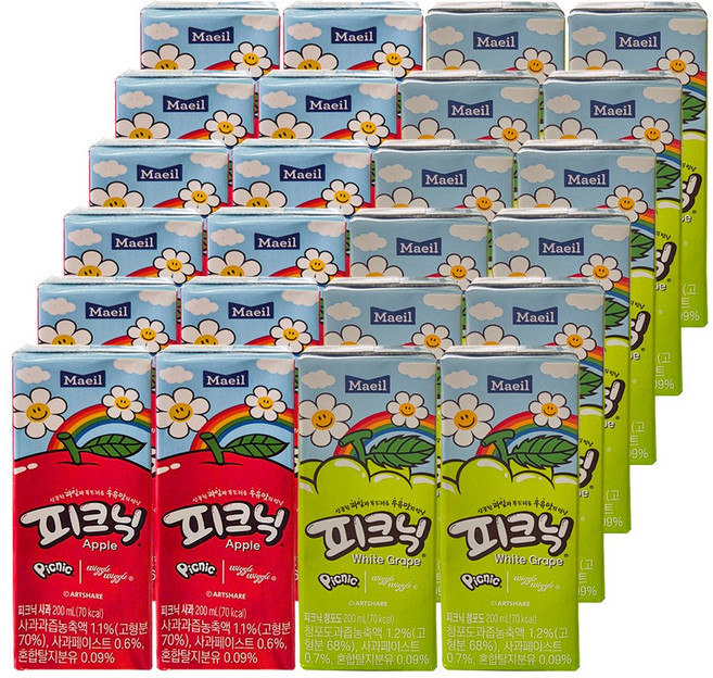 매일유업 피크닉 사과 + 청포도 200ml 혼합 24개입 과일주스 한박스 사무실음료