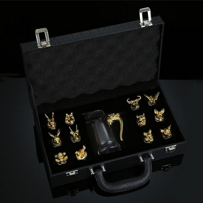 도자기 술잔 엔틱 청동 새겨진 십이지신 선물용 위스키, 골드 소형 12간지+분배기 가죽케이스, 1개