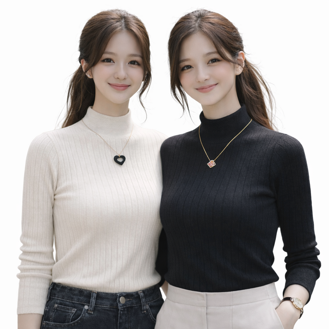 천스토어 여성 반목 폴라티셔츠 니트 티셔츠 슬림핏 골지 긴팔 이너 2종세트