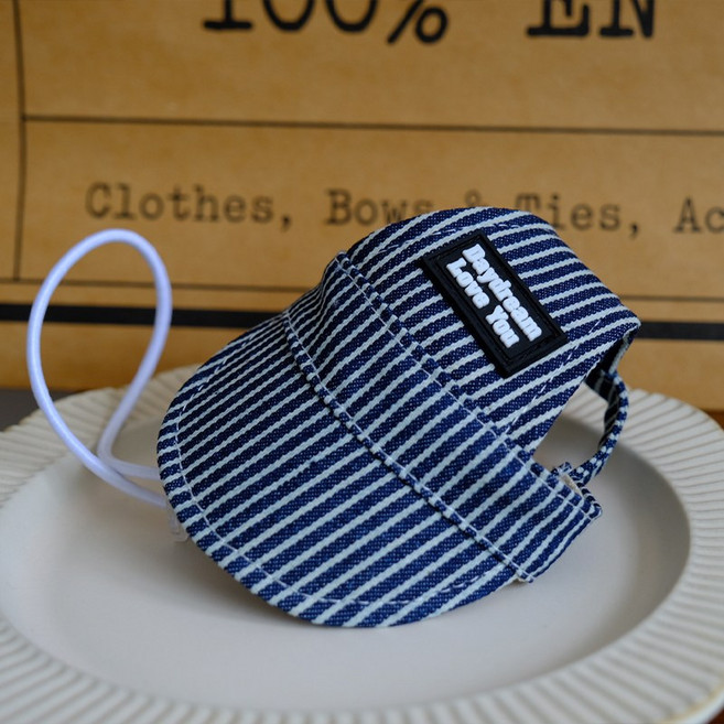 포아틀리에 스트라이프 강아지 썬캡 모자 데님 바이저 선바이저 애견 귀구멍 조절가능 여름 햇, 1개, 블루 화이트