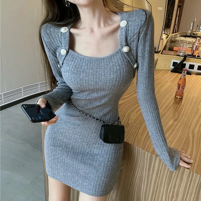 글램디브 자벨렌 진주 스퀘어넥 긴소매 미니원피스 AA1555