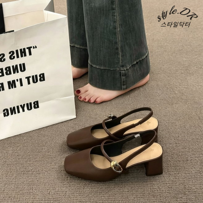 스타일닥터 여성 슬링백 샌들 스퀘어토 메리제인 중굽 블럭힐 골드 버클 장식 빈티지 오피스 데일리 편한 착용감 사계절 슈즈