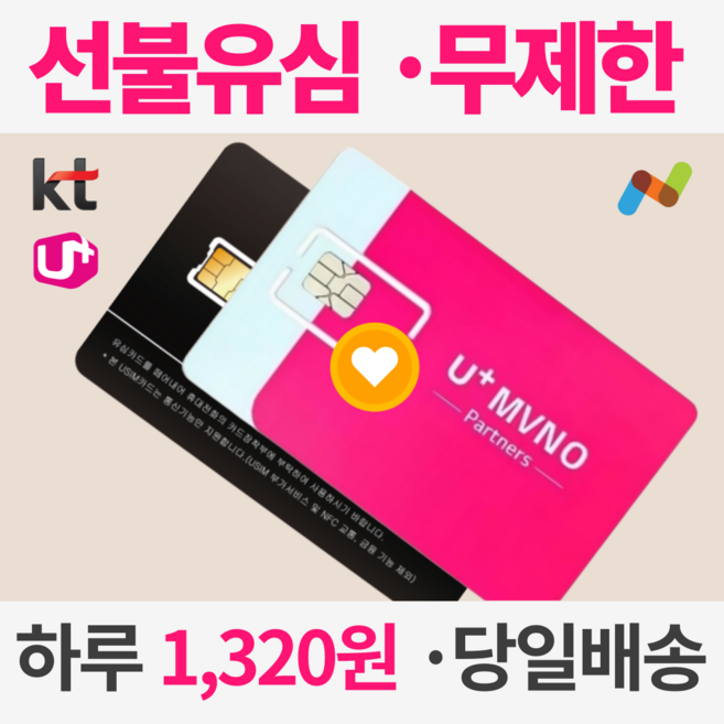 KT LG SK 선불유심 무제한 데이터 택배 배송 세컨폰 업무폰 셀프개통, 1개, 30일