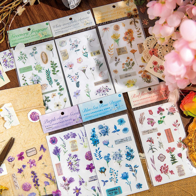 빈티지 감성 일러스트 플라워 판박이 스티커 다꾸 6종, 4.블루 (ST-5299)