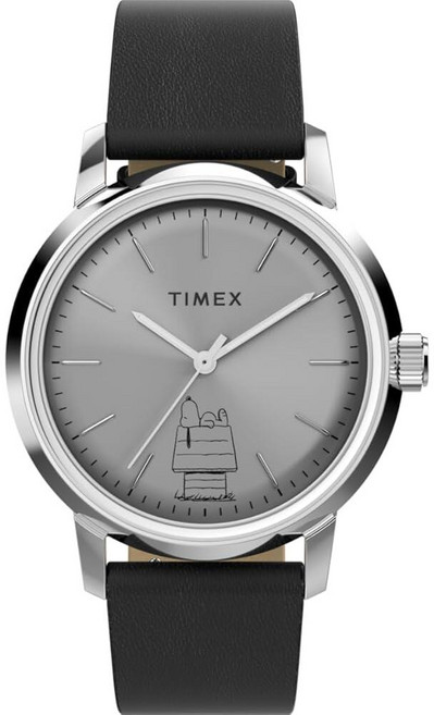 Timex 남성용 아날로그 오토매틱 시계 가죽 스트랩 피너츠 말린 회색. 팔찌