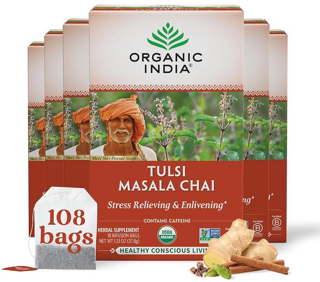 Organic India Tulsi 레몬 진저 티백 - 허브 티 스트레스 완화 및 재생 면역 지원 소화 보조 비건 USDA 인증 유기농 GMO 프리 카페인 프리 -