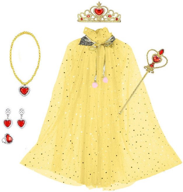 [청춘교복] 공주 생일 파티 용품 5종세트+망토 축하 브라이덜샤워 연말 선물 소품 프린세스 코스튬 주얼리 왕관 요술봉 목걸이 액세사리, 1개, 옐로우