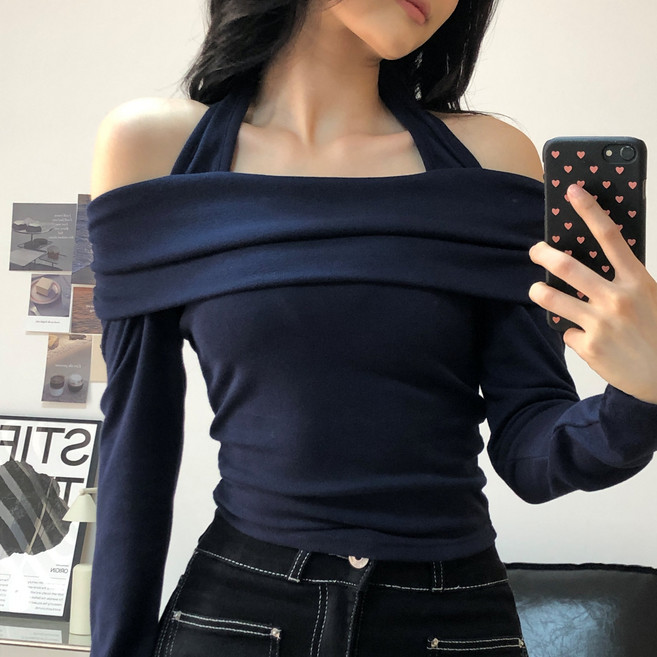 더한땀 글램 여성 여리핏 홀터넥 오프숄더 티셔츠