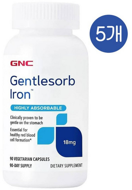 지엔씨 젠틀솔브 철분 18mg 캡슐 GNC Gentlesorb Iron, 5개, 90정