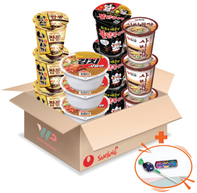 농심 삼양 컵라면 소컵 4종 혼합세트 김치사발면 3컵+사리곰탕 3컵+불닭볶음면 3컵+나가사끼짬뽕 3컵 총 12컵입 미니 멘토스+투시팝 사탕 사은품 2종 증정, 1개