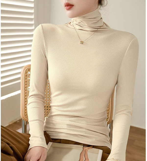 티류으스 여성 가을겨울 클래식 베이직 목폴라 이너티셔츠 긴팔 슬림핏 면소재 데일리 기본티 WY