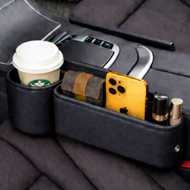 앤의선물 가죽 컵홀더 운전석용 자동차 시트 틈새 수납함, 블랙, 1개