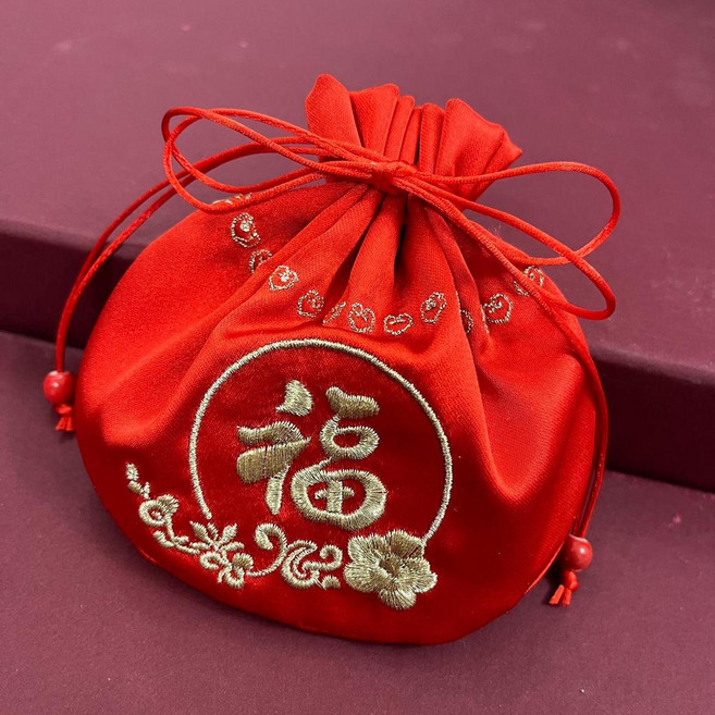 紅色綢緞刺繡福袋 束口袋, 1個, 大號1款