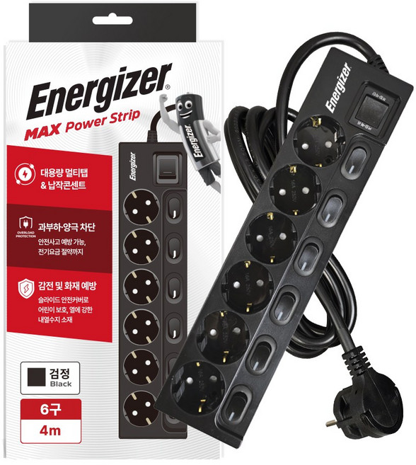 에너자이저 납작플러그 과부하차단 개별스위치 멀티탭 6구 16A, 1개, 블랙, 4m