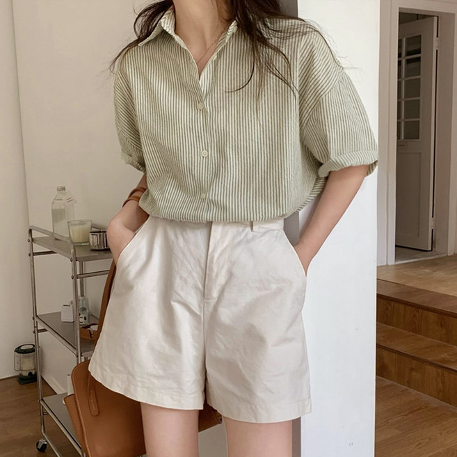 반팔 스트라이프 여성 남방 단가라 카라 셔츠 데일리