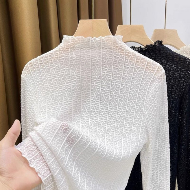 Vezri 여성 봄가을 하이넥 레이스 이너 티 셰어링 디자인 시스루 상의 F88