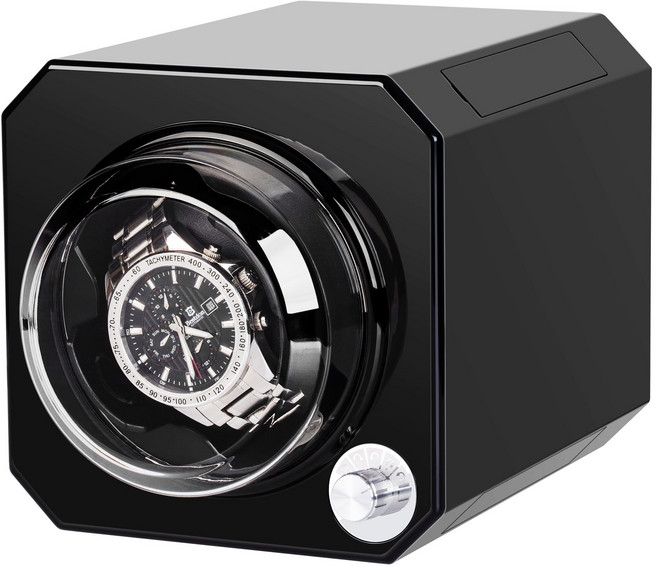 자동 시계 단일 자리 와인더 검은색 하이글로스 래커 표면 와인더 적층 가능 업그레이드된 부드러운 조절식 안감 일본 제조 무음 모터 배터리 구동 또는 USB 충전 지원