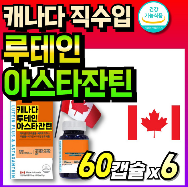 프리미엄 캐나다산 루테인 눈케어 부모님 60대 플러스 아스타잔틴 추출물 직수입 고함량, 6박스, 60정