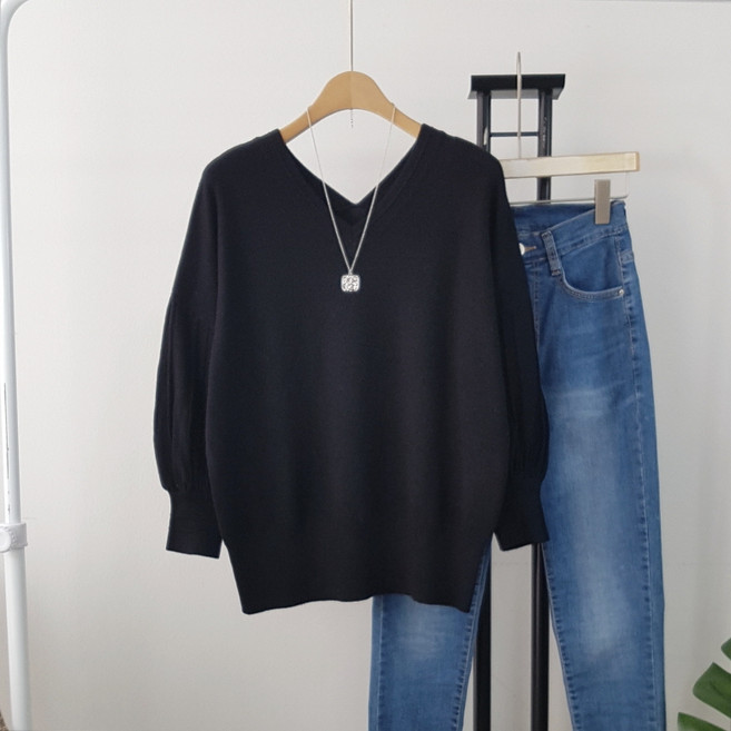 상상그이상 여성용 3줄 말림 양 브이넥 니트 활용도 높은 여성스러운 스타일리쉬 간절기 니트 신축성좋은 포인트 긴팔니트