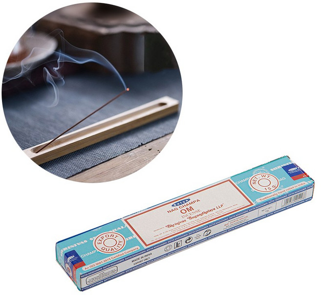 사티아 나그참파 인센스 스틱 15g 옴+ 우드 인센스 홀더, 15g 3개, 우드 (뱀부 플레인 홀더), Om