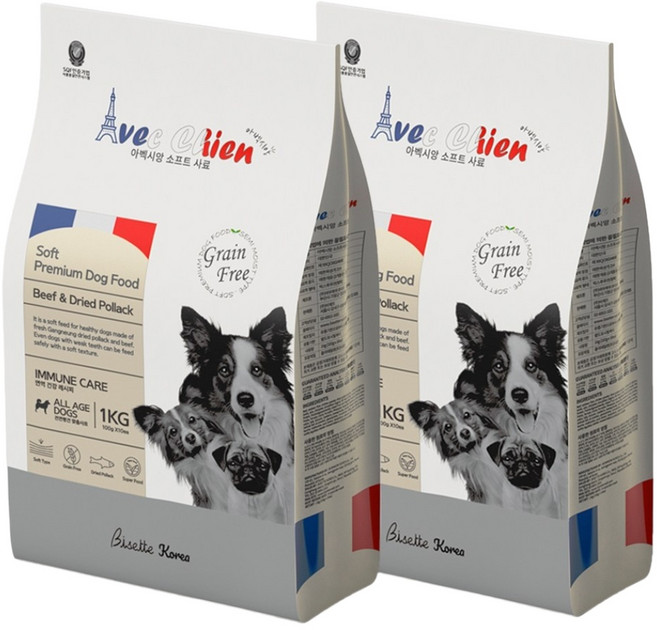 아벡시앙 전연령 강아지사료 / 노견 사료 관절 피부 눈물 알러지 그레인프리 반습식사료, 소, 1kg, 2개