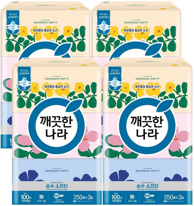 깨끗한나라 각티슈 순수소프티 250매 3입 x4개, 12개