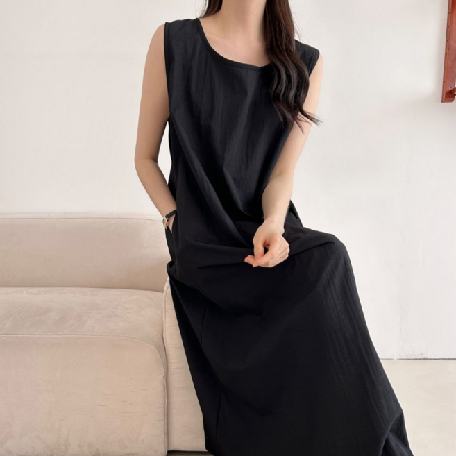 더한땀 빅사이즈 소프트 바스락 민소매 롱 원피스