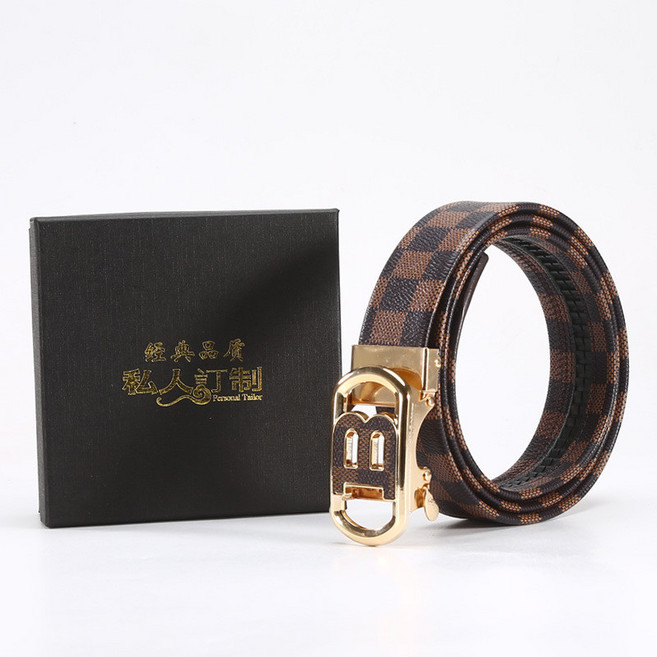新款字母扣皮帶 男士自動扣休閒商務腰帶 棋盤格仿皮男褲帶