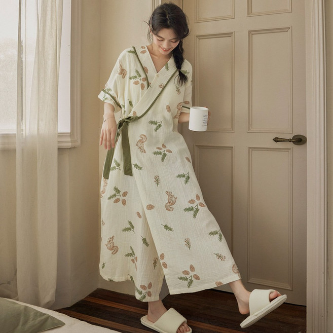 빅사이즈 유카타 원피스잠옷 여성 캡내장 노브라 홈웨어 잠옷 여자 파자마