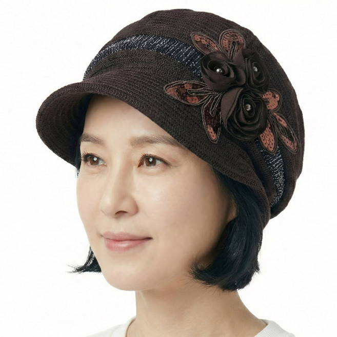 베이직엠 여성 여름 반다나 두건 망사모자 챙비니 스팽글 장미