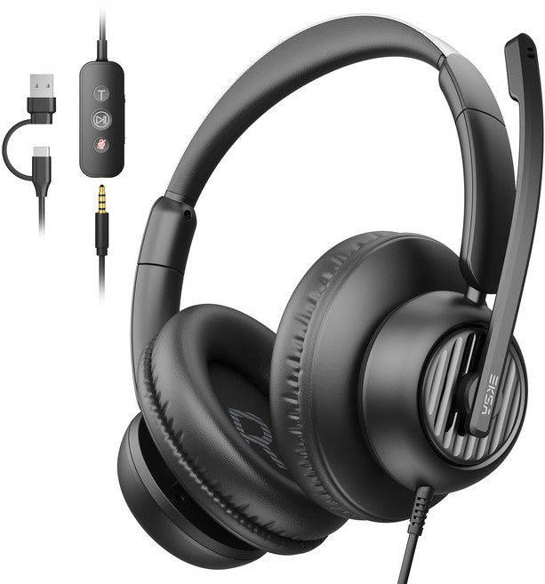 EKSA H12 고객센터 헤드폰 음량 조절 마이크 음소거 버튼 노이즈 캔슬링 마이크, 검정 USB-C/A/3.5mm 잭, 검정 USB-C/A/3.5mm 잭