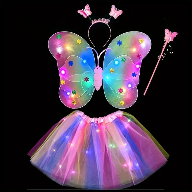 Led 깜박이는 빛 요정 나비 날개 지팡이 머리띠 의상 장난감 반짝 라이트 업 세트 코스프레 생일 파티, 02 Rainbow