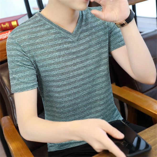 남자 니트 반팔티 여름 쿨 티셔츠 브이넥 슬림 스판 통기성 데일리 골지 AJ96