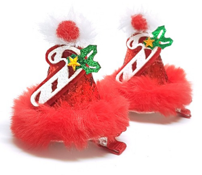 2개) 레드 산타지팡이 크리스마스 산타모자 머리핀 집게핀 크리스마스 파티룩 소품 파티용품