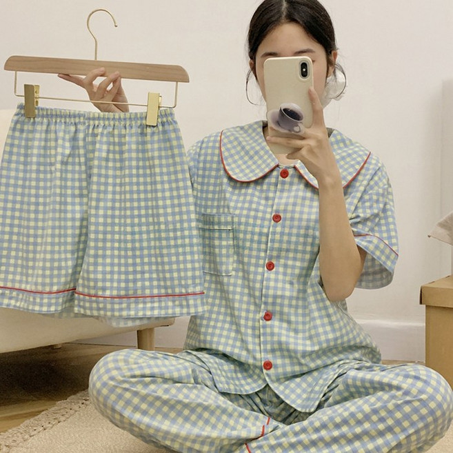미야미 [3피스] 체크 반팔 카라넥 여름 홈웨어 파자마 세트