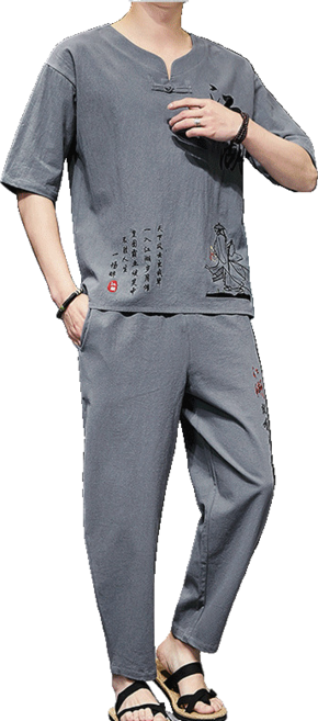 남자 린넨 바지 상하의세트 면 마 생활 소재 삼베 퓨전 여름 강호 자수 투피스 뉴타임즈 03CW0903