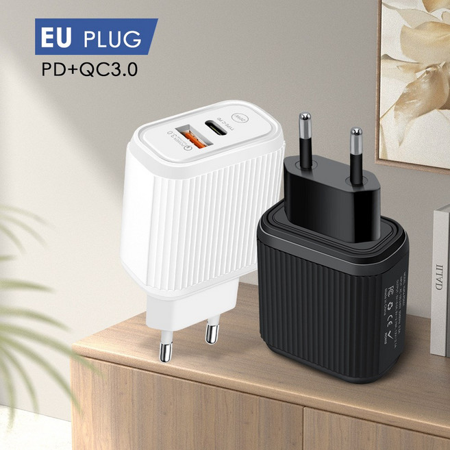 PD+USB 휴대폰 충전기 유럽 미국 유럽 미국 영국 TYPE-C+USB 급속 충전기 5V3 A 어댑터, 1개, 흰색15W