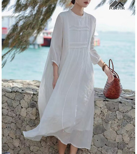 POMTOR 여름 여성 루즈핏 빅 사이즈 화이트 롱원피스