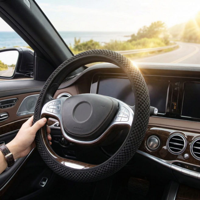 핏노아 여름 냉감 핸들커버 전차종 D컷 공용 쿨링 미끄럼방지 차량용, 블랙