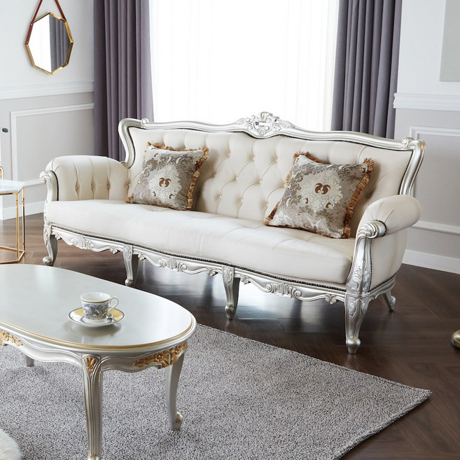 피어젠가구 퀸 프렌치 엔틱 3인용 소파 소가죽 아이보리 샴페인골드