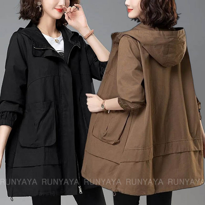 후드집업 트렌치코트 빅사이즈 와이드 자켓 미디 후드점퍼 데일리 트렌치자켓 루즈핏 여성용 바람막이 점퍼 D99U