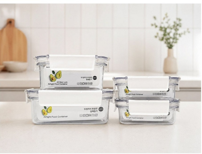 윤스토리 올클리어락 국내생산 BPA FREE 직사각 밀폐용기 4종 세트 화이트, 400ml2개,600ml1개,900ml1개, 1세트