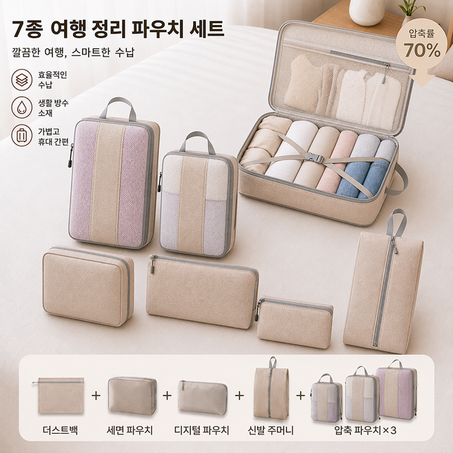 여행용 압축 파우치 7종 세트 캐리어 정리백 의류 수납 가방 공간 압축