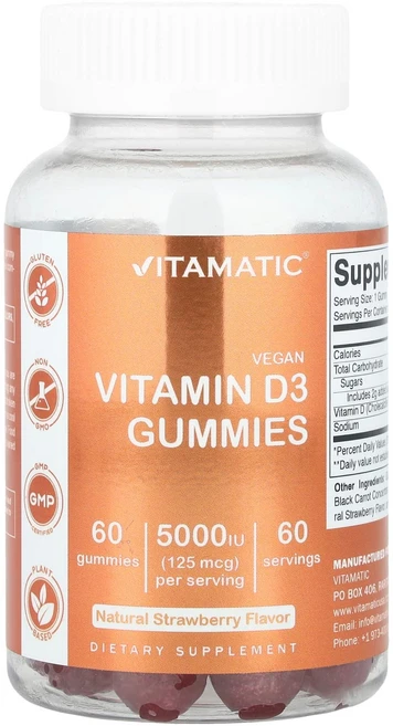 Vitamatic 비건 비타민D3 구미젤리 딸기 맛 125mcg(5 000IU) 구미젤리 60개 Vitamatic (바이타매틱), Vitamatic, 비건 비타민D3 구미젤리, 딸기 맛, 1개, 60정 - 쿠팡