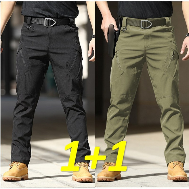 1+1(2벌) IX9 스판 전술바지 남자 카고팬츠 작업복 건빵 일자 오토바이 바지 빅사이즈, 38(2XL), IX9(블랙+국방)