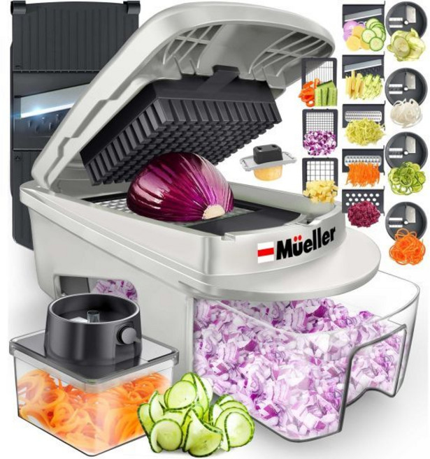 Mueller뮬러 프로 시리즈 올인원 주방용 블레이드 만돌린 슬라이서 12개 푸드 채퍼 야채 및 스파이럴라이저 커터 다이서 그레이터 용기 포함 주방 가젯 세트 화이트 샌드/다크, 12 Blade, White/Grey, 1개