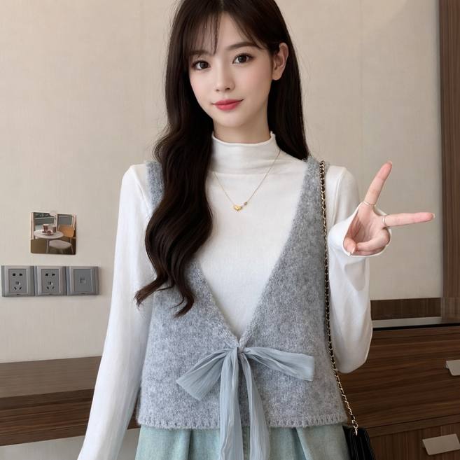 일호장신구 투스타일링 레이어드 리본 조끼 봄 간절기 포인트 러블리 데일리 심플 니트 베스트