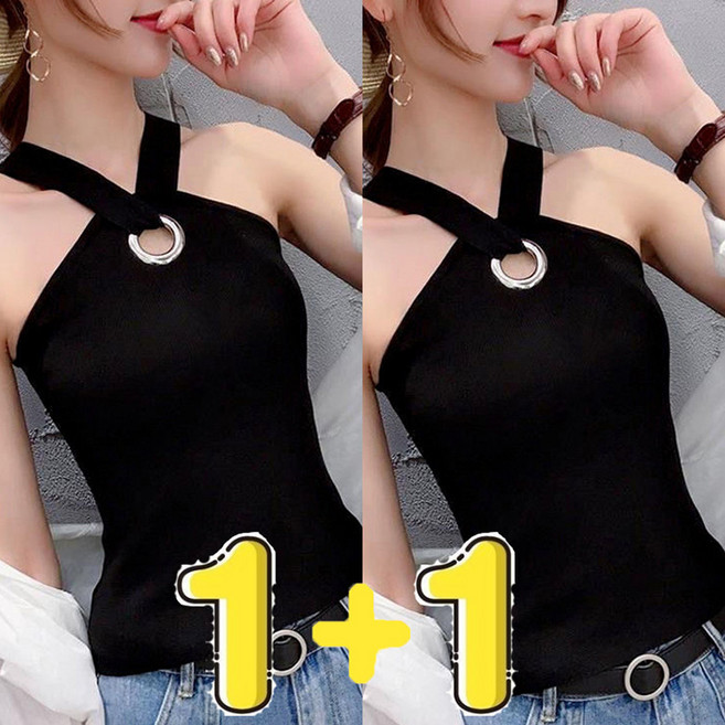 FANSYLI 1+1 끈나시 여성숏 섹시 슬림 홀터넥티셔츠 2종세트 빅사이즈 컴포트 스판 이너탑 X2504A8