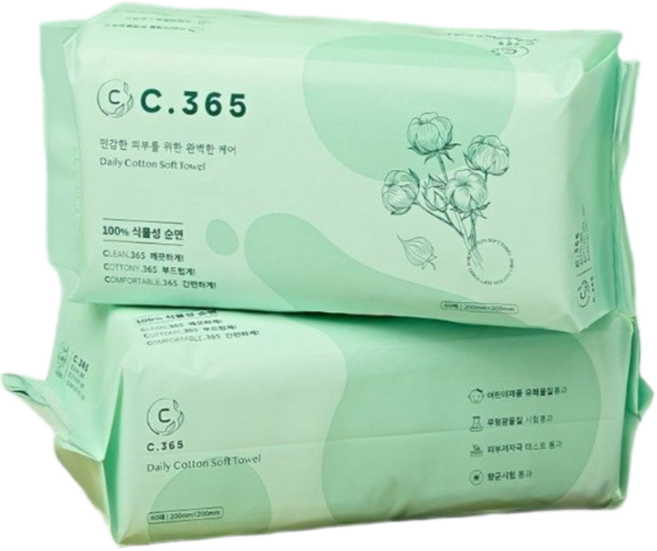 C.365 일회용 페이스타올 순면 100% 독일Dermatest 무형광 유아동안전 항균, 3개, 60개입