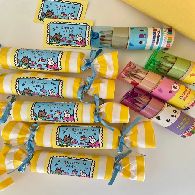 어린이집 유치원 생일선물 답례품 구디백 미니색연필 6개 + 스티커6개 세트, 1세트, 단품